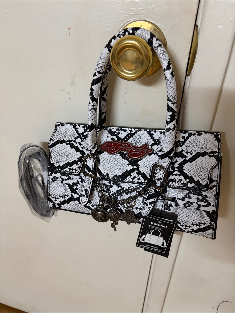 Ed Hardy White & Black Snake Print Satchel with Charm Accents